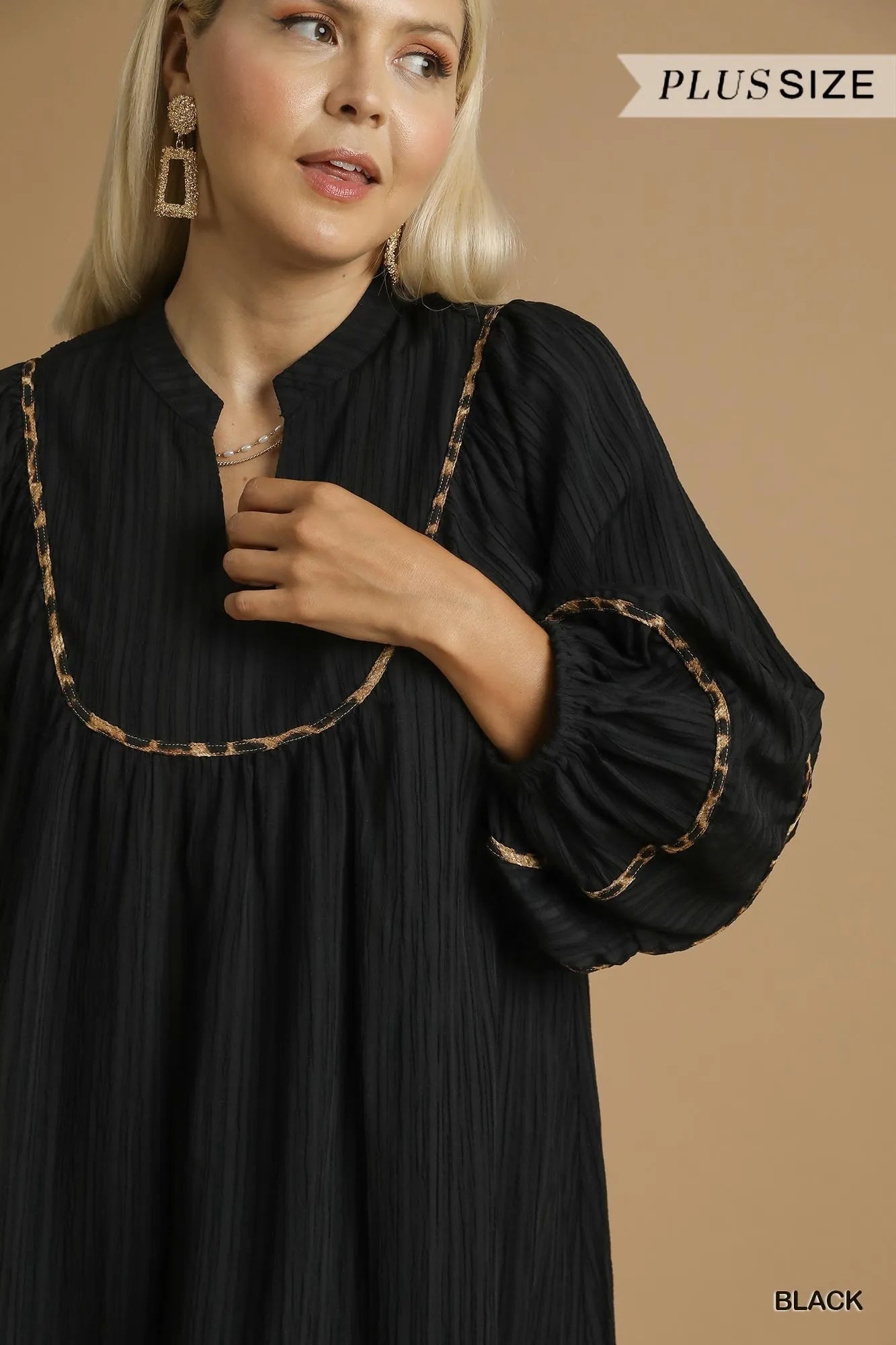 Umgee Black Textured Babydoll Dress with Leopard Trim