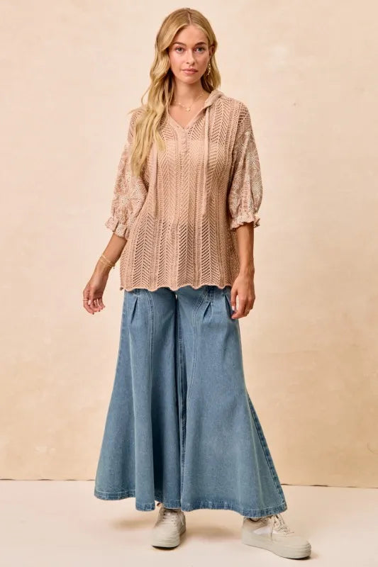 BiBi Taupe Jacquard Flower Puff Sleeve Hooded Knit Top