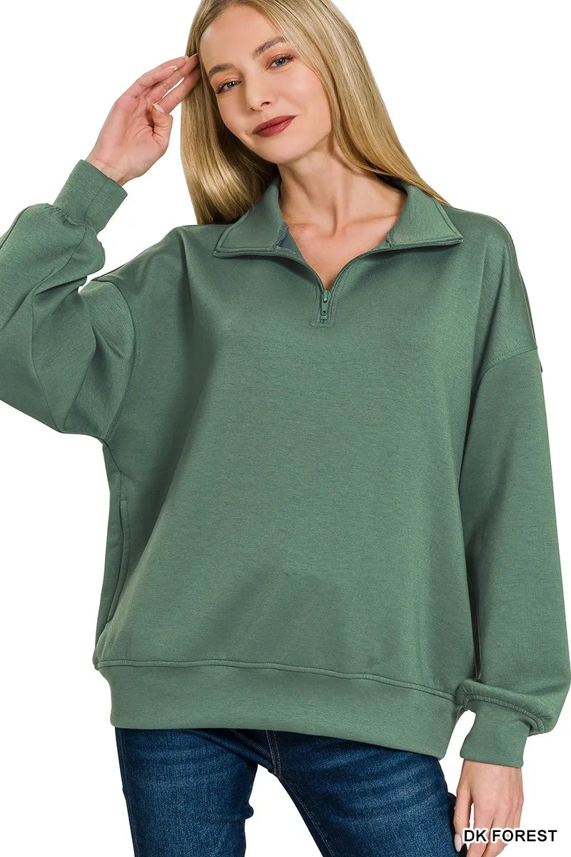 Zenana Dark Forest Scuba Quarter-Zip Long Sleeve Sweatshirt