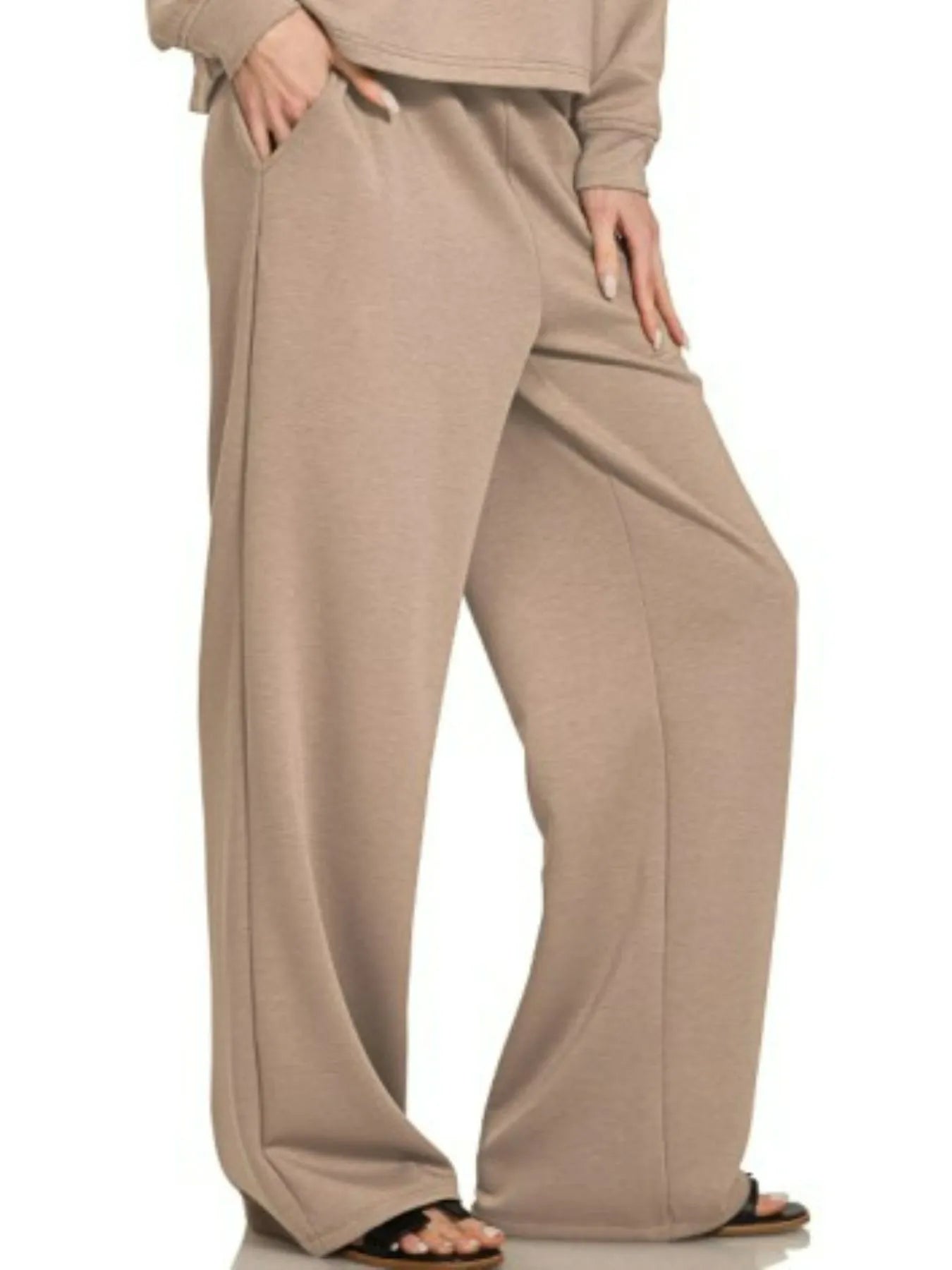 Zenana Cocoa Scuba Crewneck Pullover and Pants Set