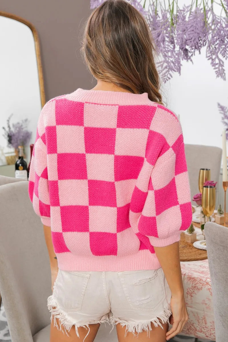 BiBi Pink & Fuchsia Check Pattern Short Puff Sleeve Sweater Top
