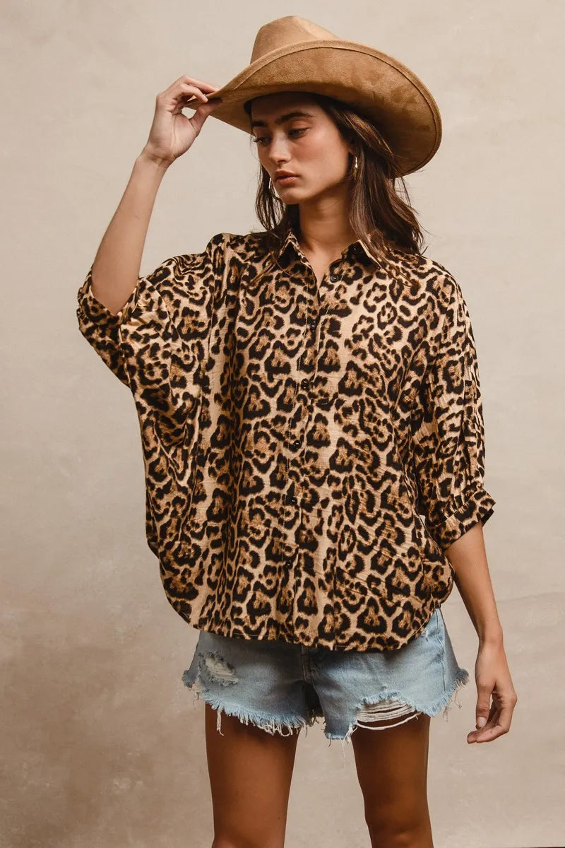 BiBi Leopard Print Button Up Oversized Short Sleeve Top