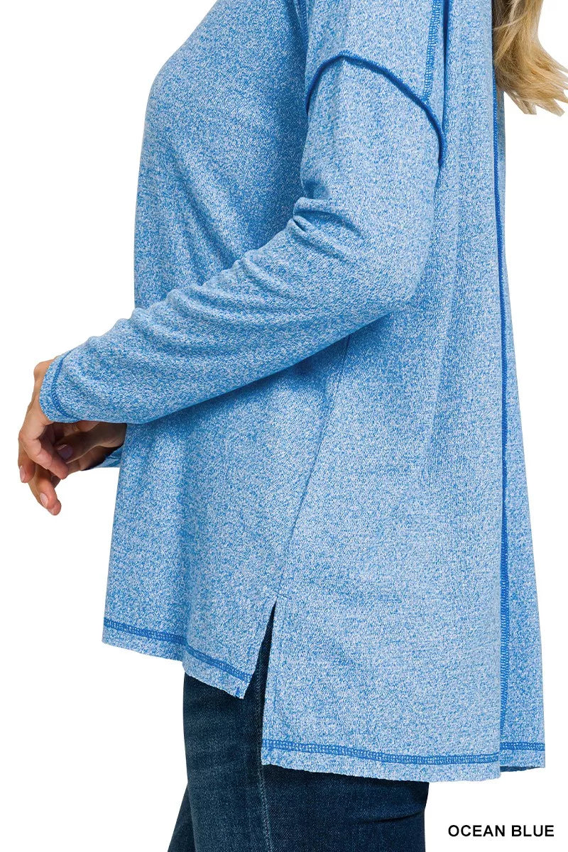 Zenana Ocean Blue Melange Hacci Exposed Seam Hi-low Top