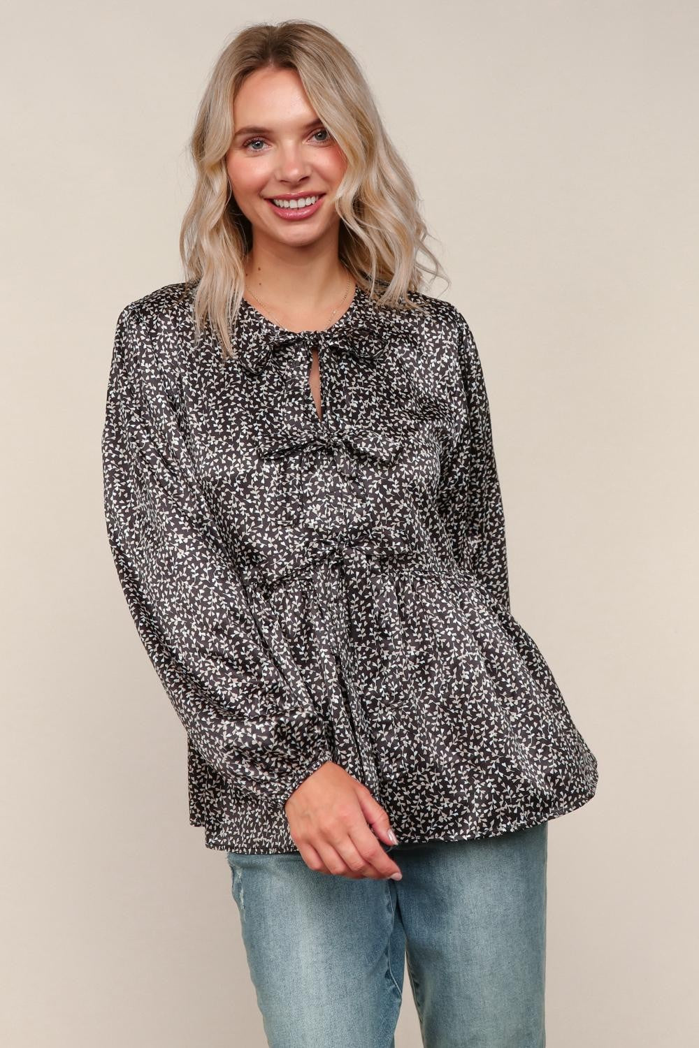 Haptics Black Floral Woven Blouse with Ribbon Bow Tie Detail