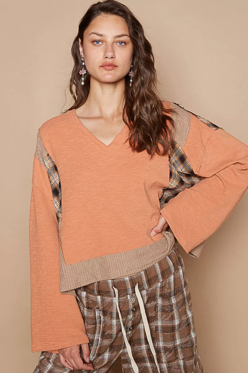 POL Dried Papaya V-Neck Long Sleeve Plaid Contrast Top with Texture Knit Detail DRIED PAPAYA