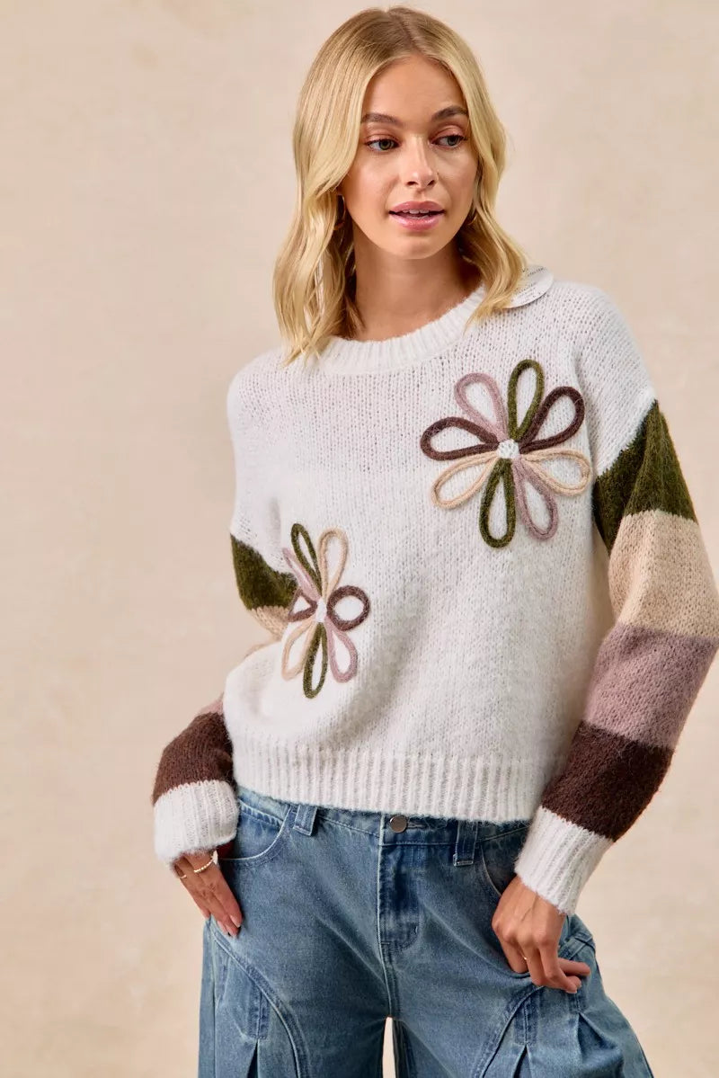 BiBi Ivory & Mocha Flower Color Block Sweater