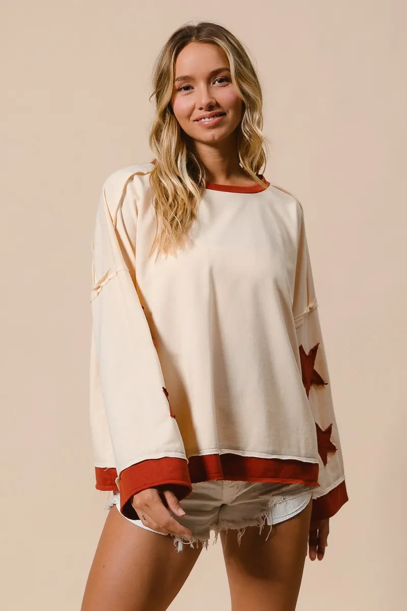 BiBi Oatmeal French Terry Top With Patch Detail Sweatshirt