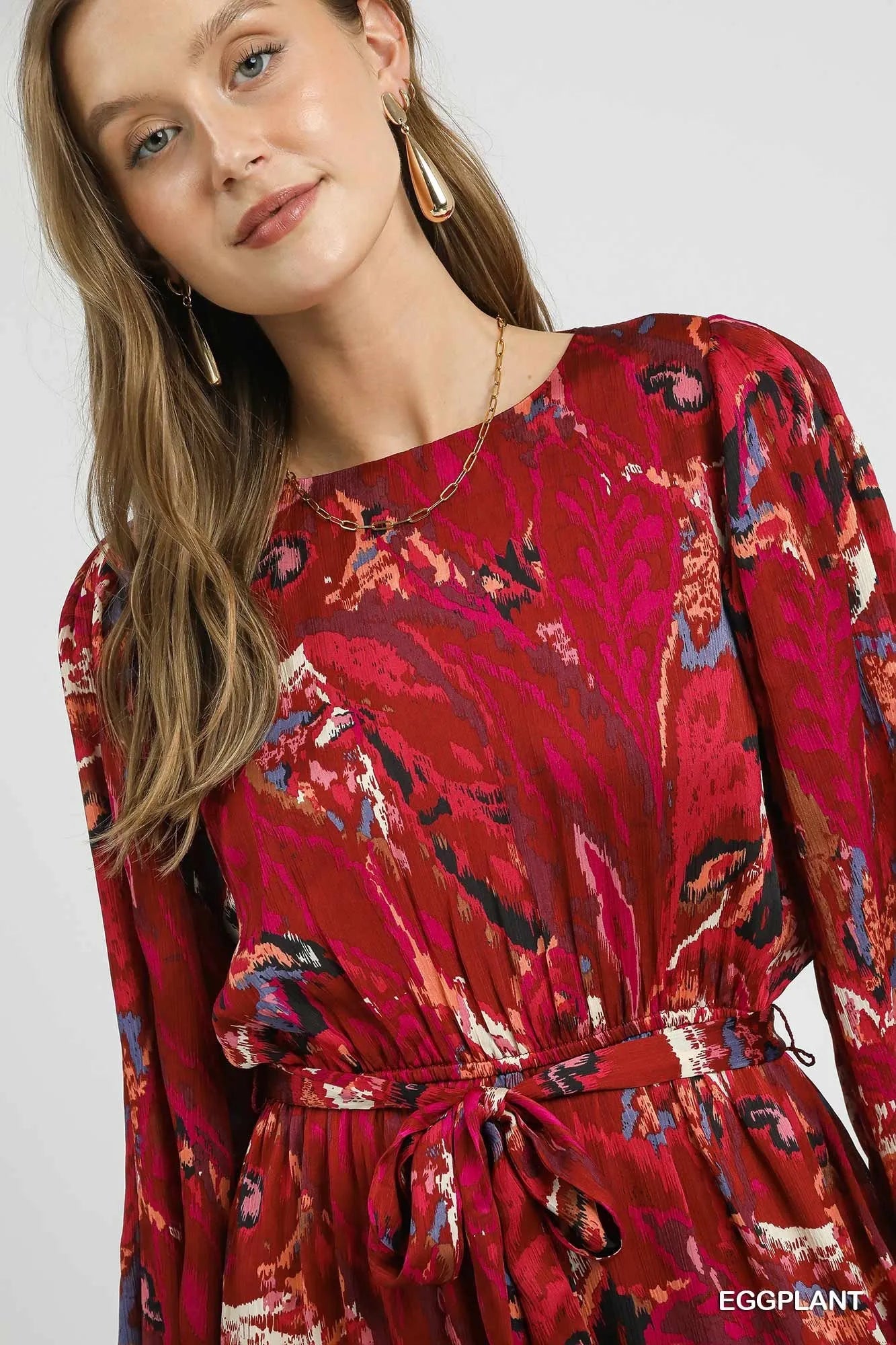Umgee Eggplant Ruffled Hem Abstract Printed Balloon Sleeve Dress