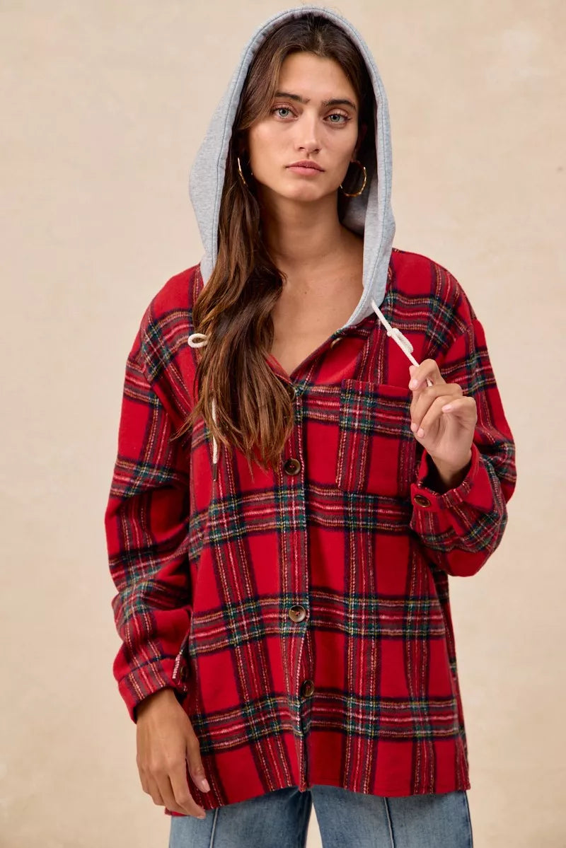 BiBi Brushed Plaid Hooded Jacket