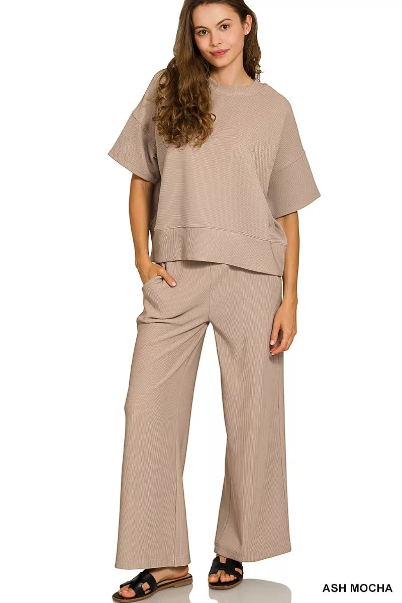 Zenana Ash Mocha Ribbed Round Neck Tee & Pants Set