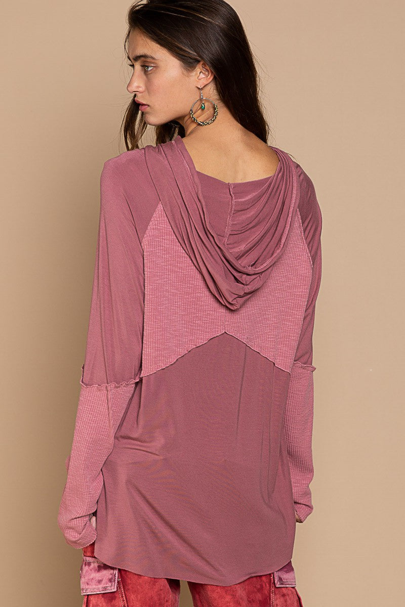 POL Rosewood Oversized Hooded Henley Long Sleeve Top Shirts & Tops