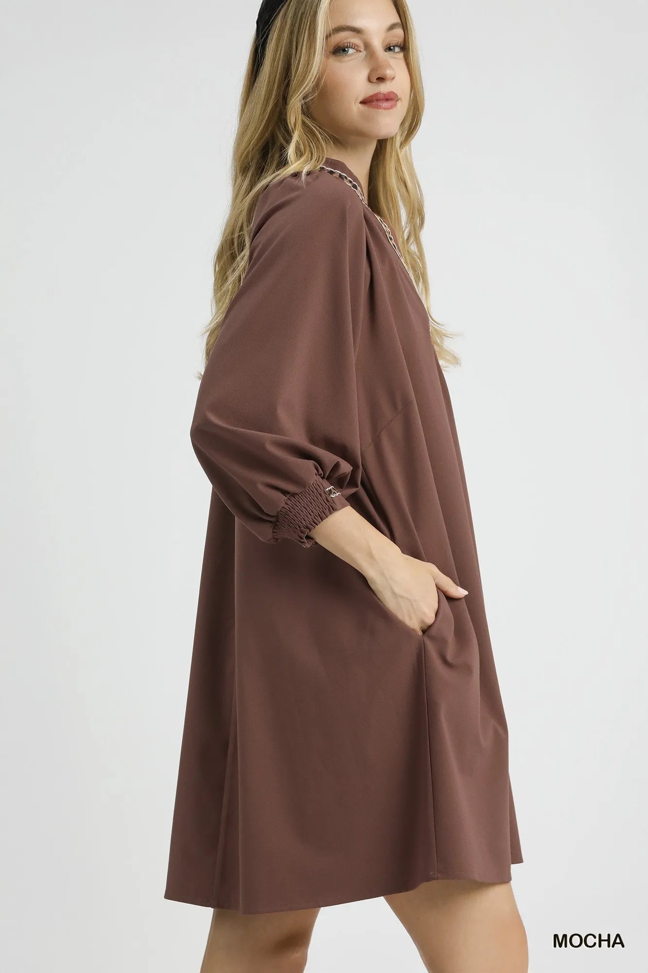 Umgee Mocha V-Neck Shift Dress with Sheer Leopard Trim