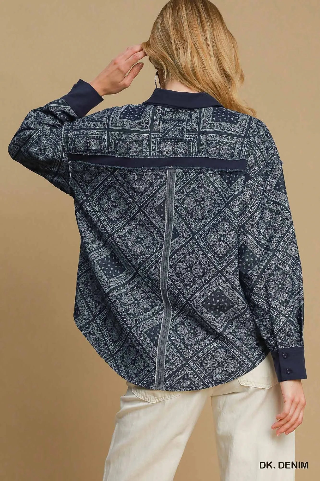 Umgee Dark Denim Paisley Print Denim Shirt Jacket