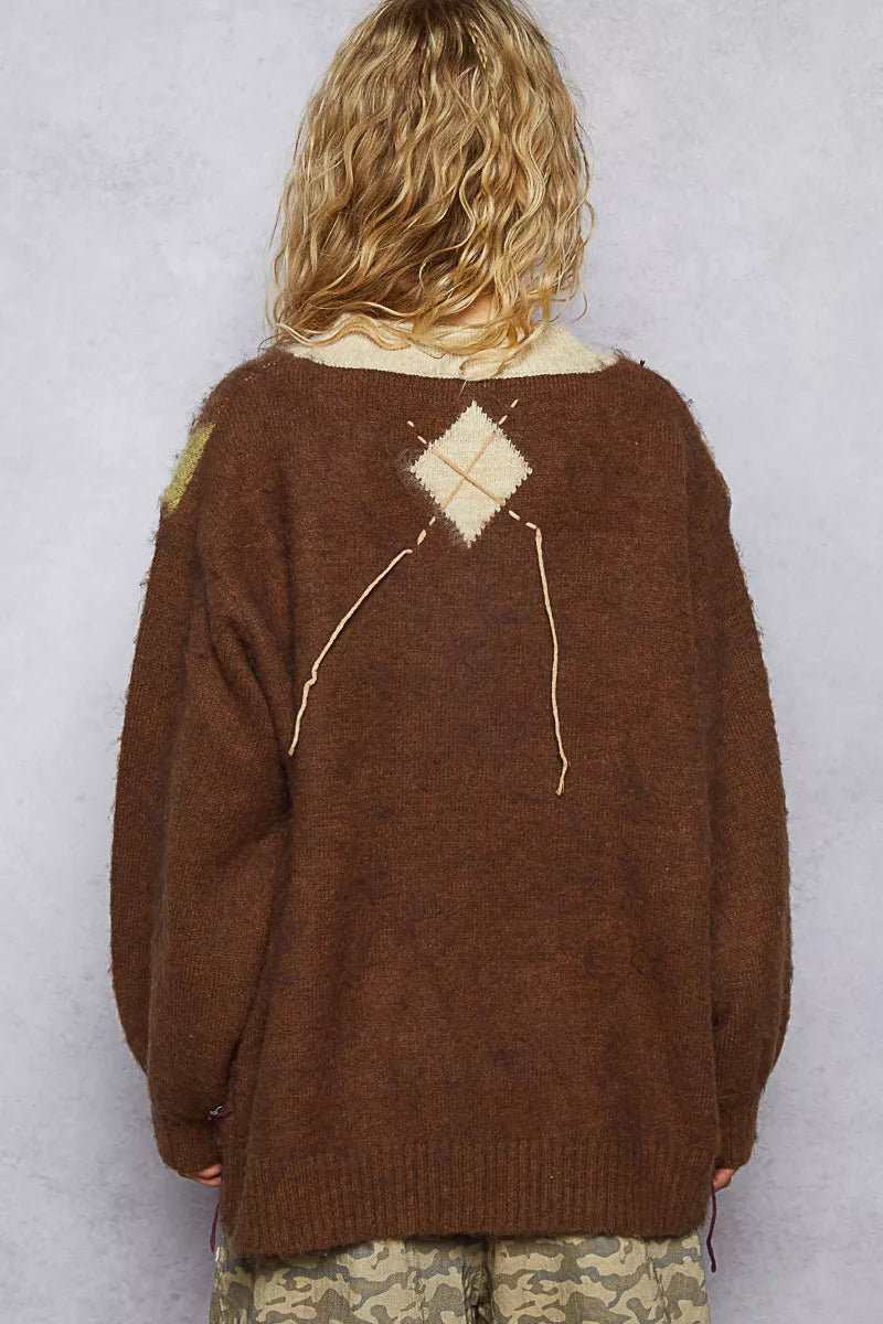 POL V-Neck Argyle Pattern Mohair Sweater with Contrast Exposed Stitch Detail