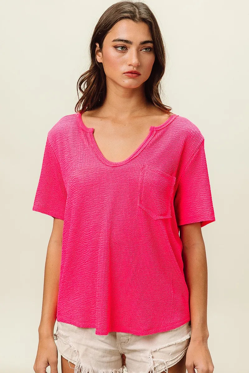 BiBi Fuchsia Waved Rib U Neck Top With Front Pocket