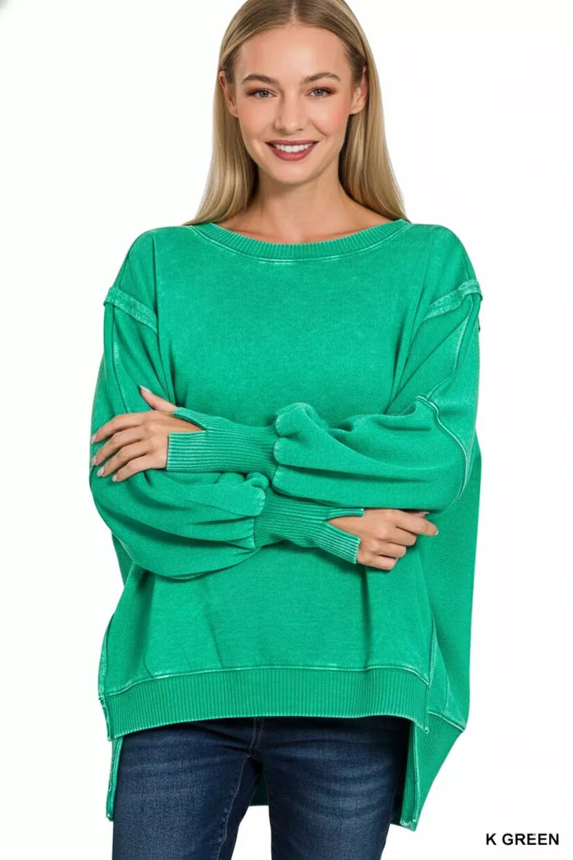 Zenana Kelly Green Acid Washed Batwing Sleeve Fleece Sweatshirt