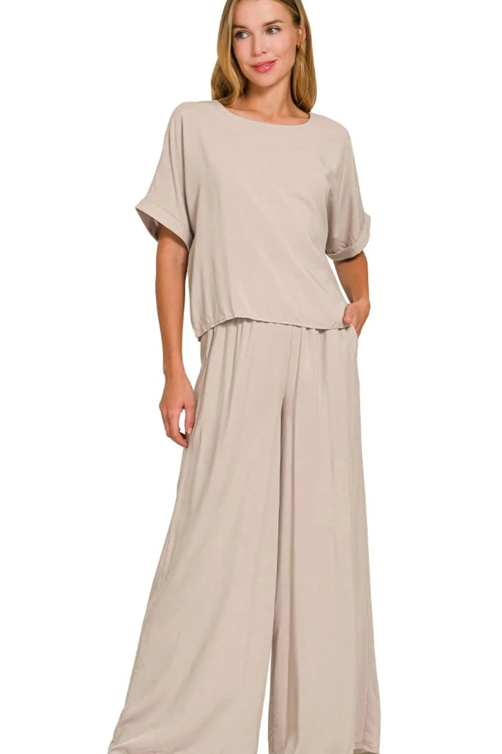 Zenana Ash Mocha Round Neck T-Shirt and Wide Leg Pants Set ASH MOCHA