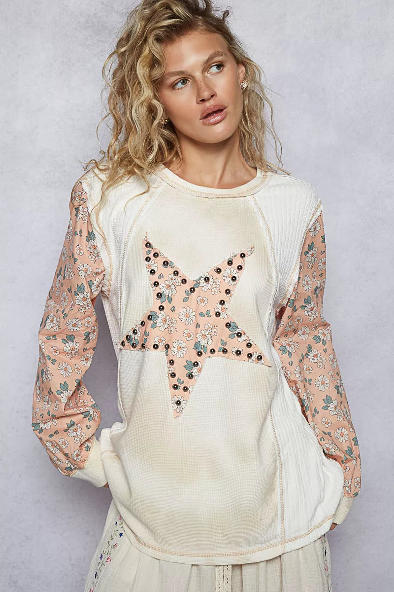 POL Exposed Seam Star Patch Thermal Top with Floral Sleeves – Cream Multi CREAM MULTI