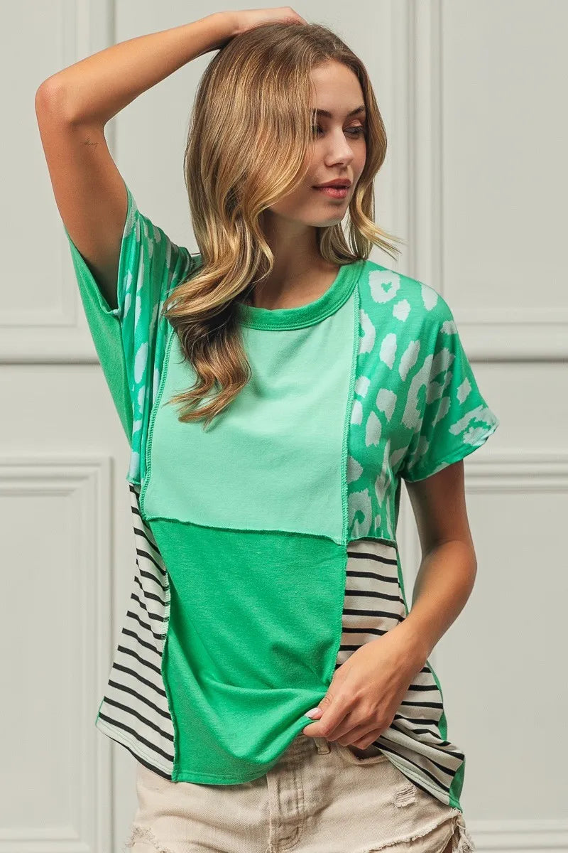 BiBi Mint Combo Leopard and Stripe Color Block Top With Exposed Seam