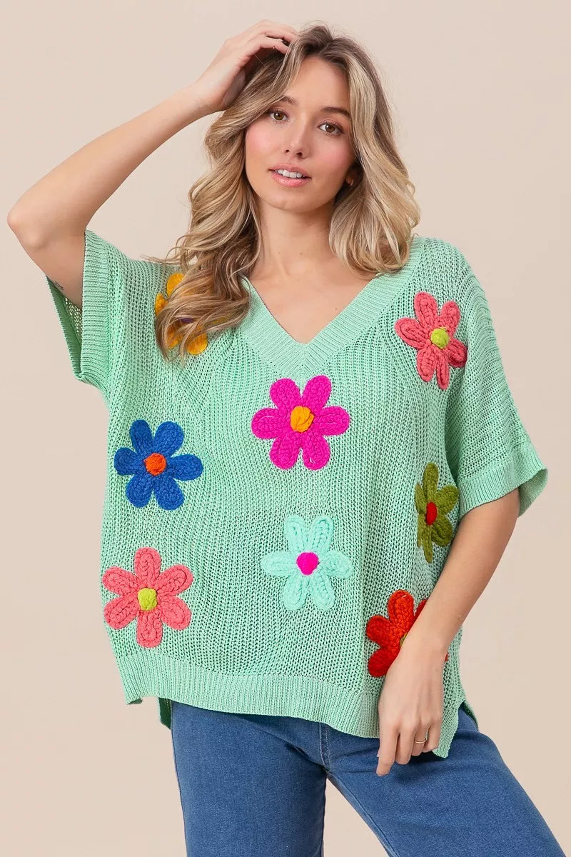 BiBi Flower Patches Dolman Short Sleeve Lightweight Sweater
