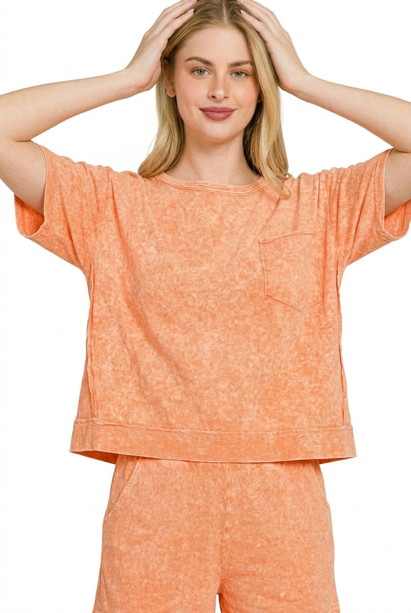 Zenana Orange Halo Snow Washed Boxy Top & Shorts Set