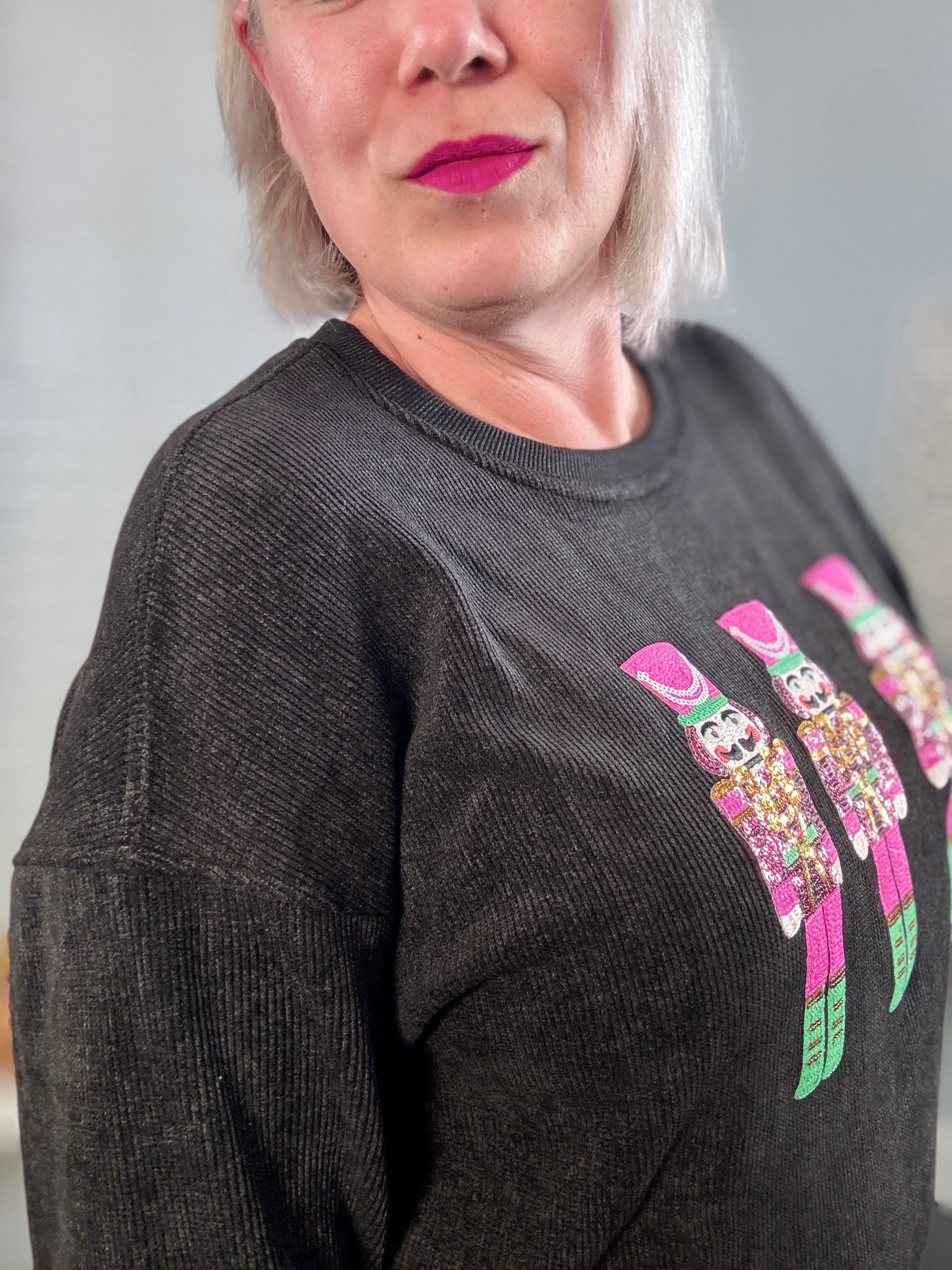 Ruby Idol Pink Sequin Nutcracker Ribbed Round Neck Long Sleeve Sweatshirt Shirts & Tops