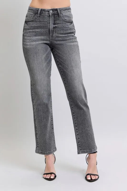 Judy Blue Gray High Waist Rhinestone Straight Jeans GRY