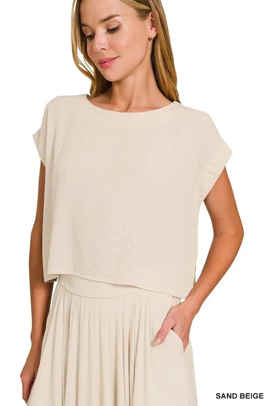 Zenana Sand Beige Woven Crinkle Gauze Crop Tee and Skirt Set