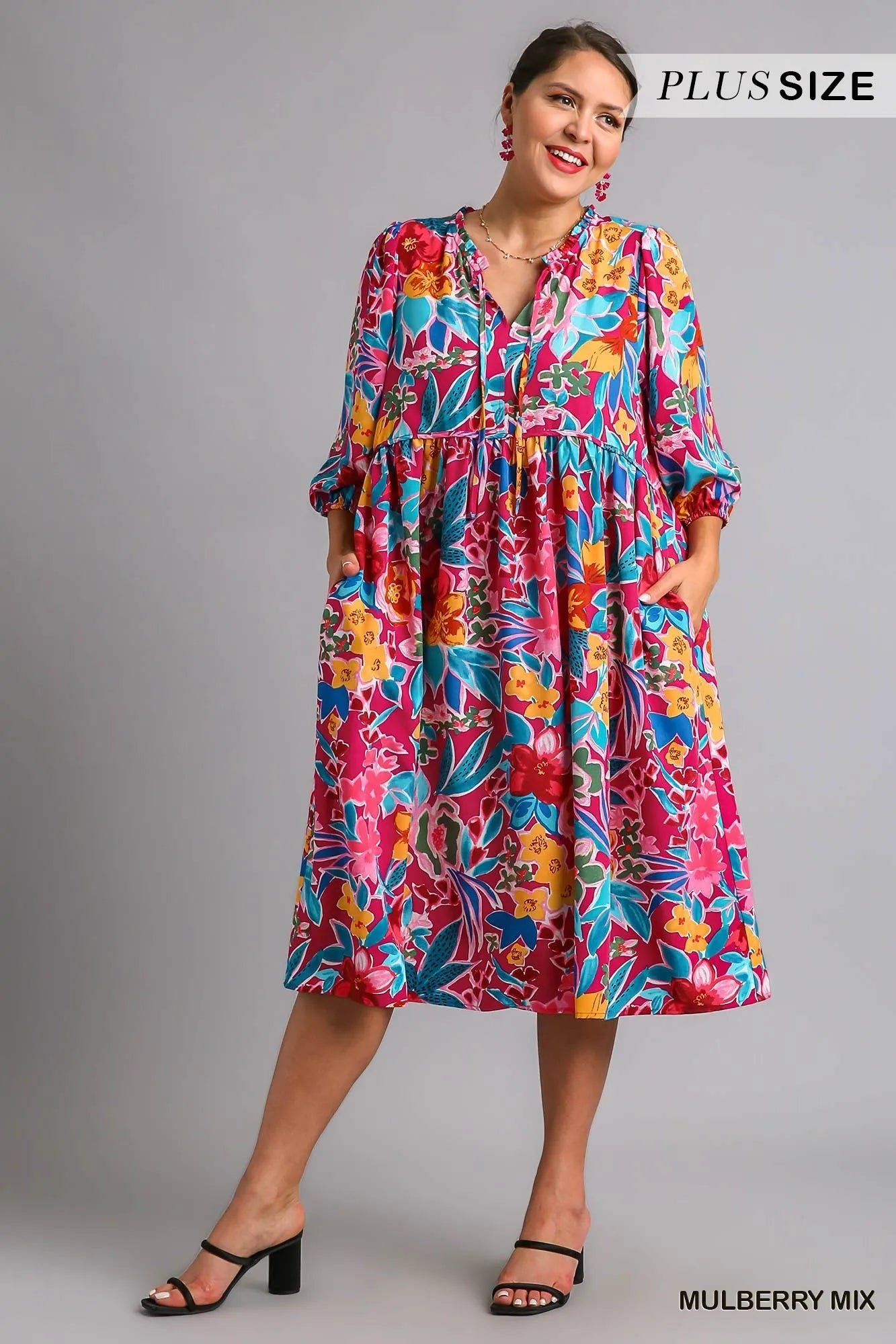 Umgee Mulberry Mix Floral Print Tie Neck Midi Dress with Pockets
