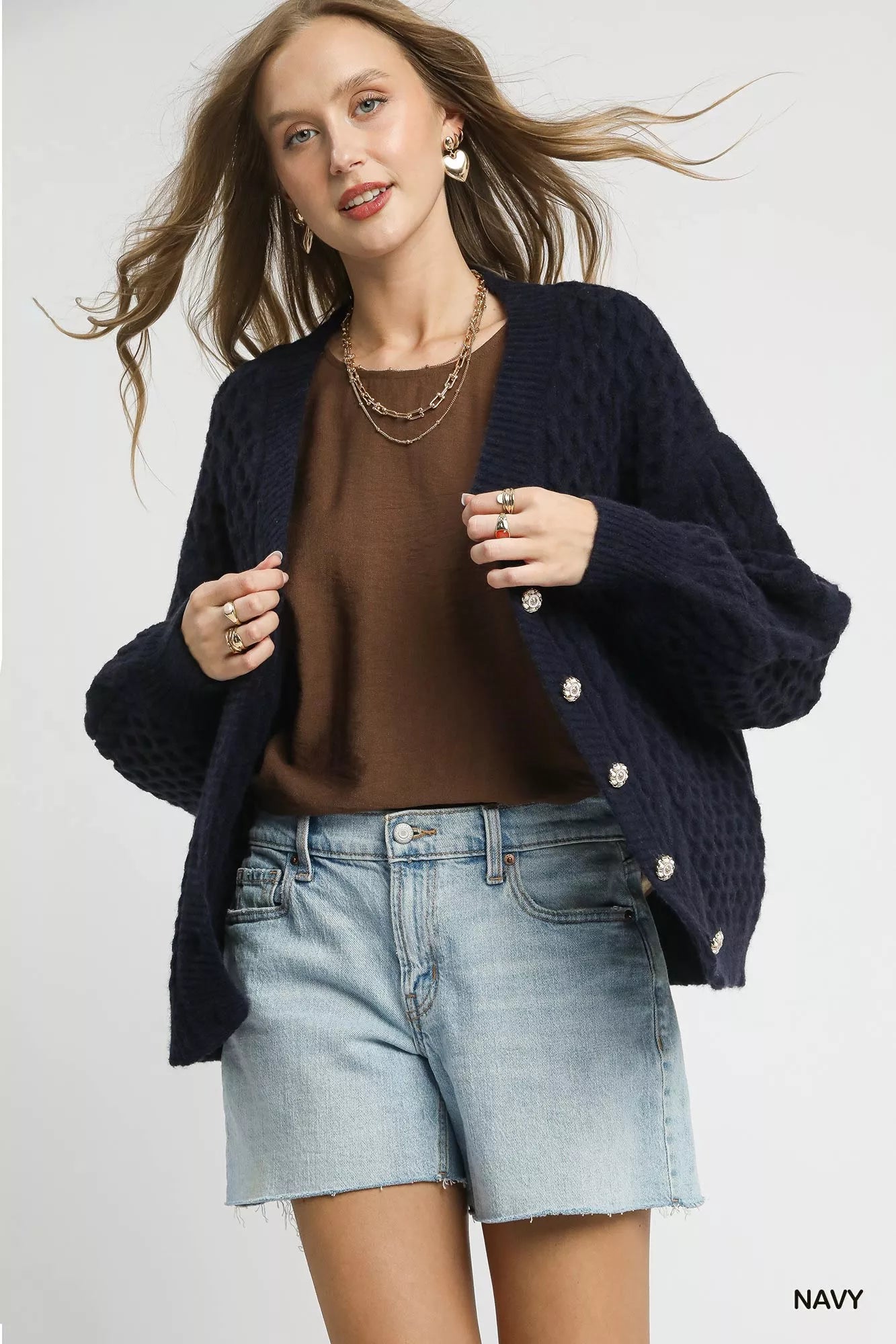 Umgee Cable Knit Pearl Button Cardigan – Navy NAVY