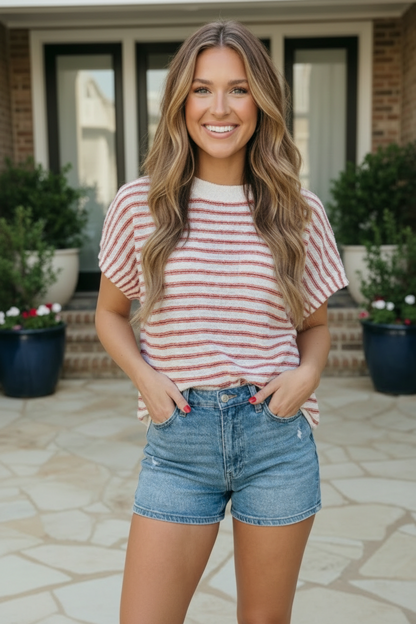 Haptics Breezy Stripe Knit Top in Ivory and Red