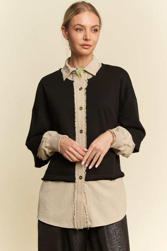 Davi & Dani Faux Layered French Terry Contrast Top in Black