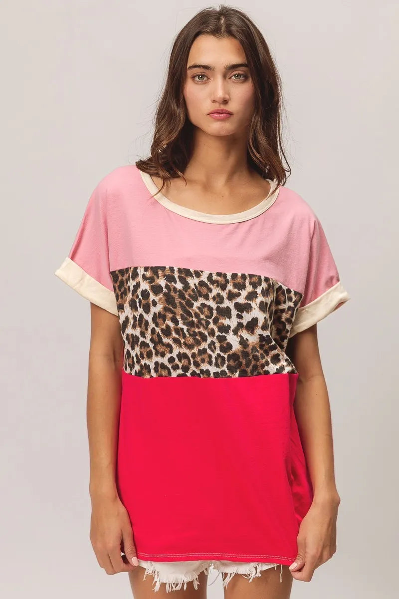 BiBi Pink and Fuchsia Leopard Printed Jersey Color Block Roll Up