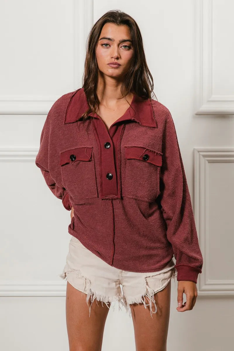 BiBi Marsala French Terry Cut Edge Detail Collared Long Sleeve Top