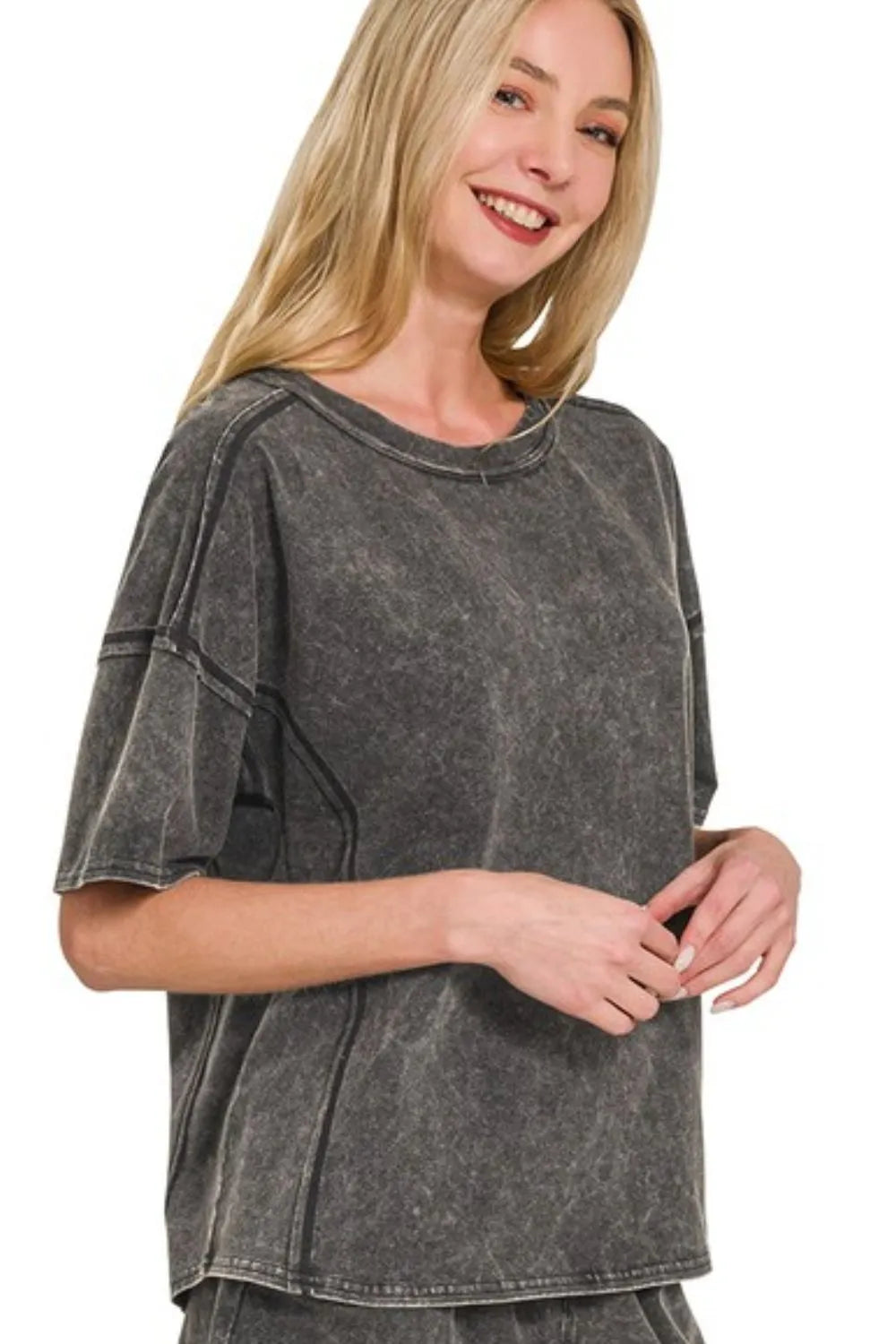 Zenana Ash Black Acid Washed Short Sleeve Tee & Shorts Set