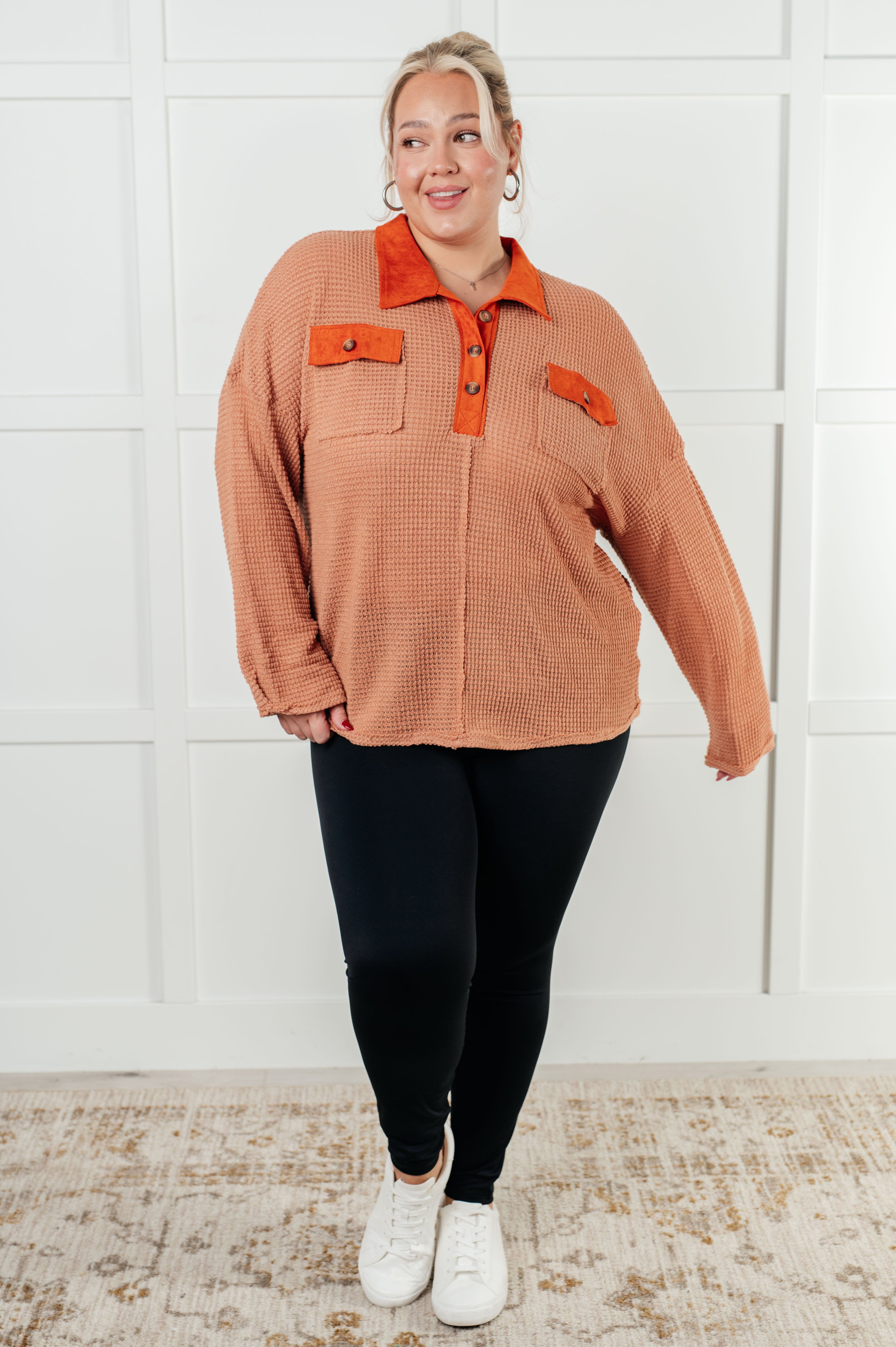 One Eleven North Can't Imagine Why Waffle Knit Contrast Trim Top Tops