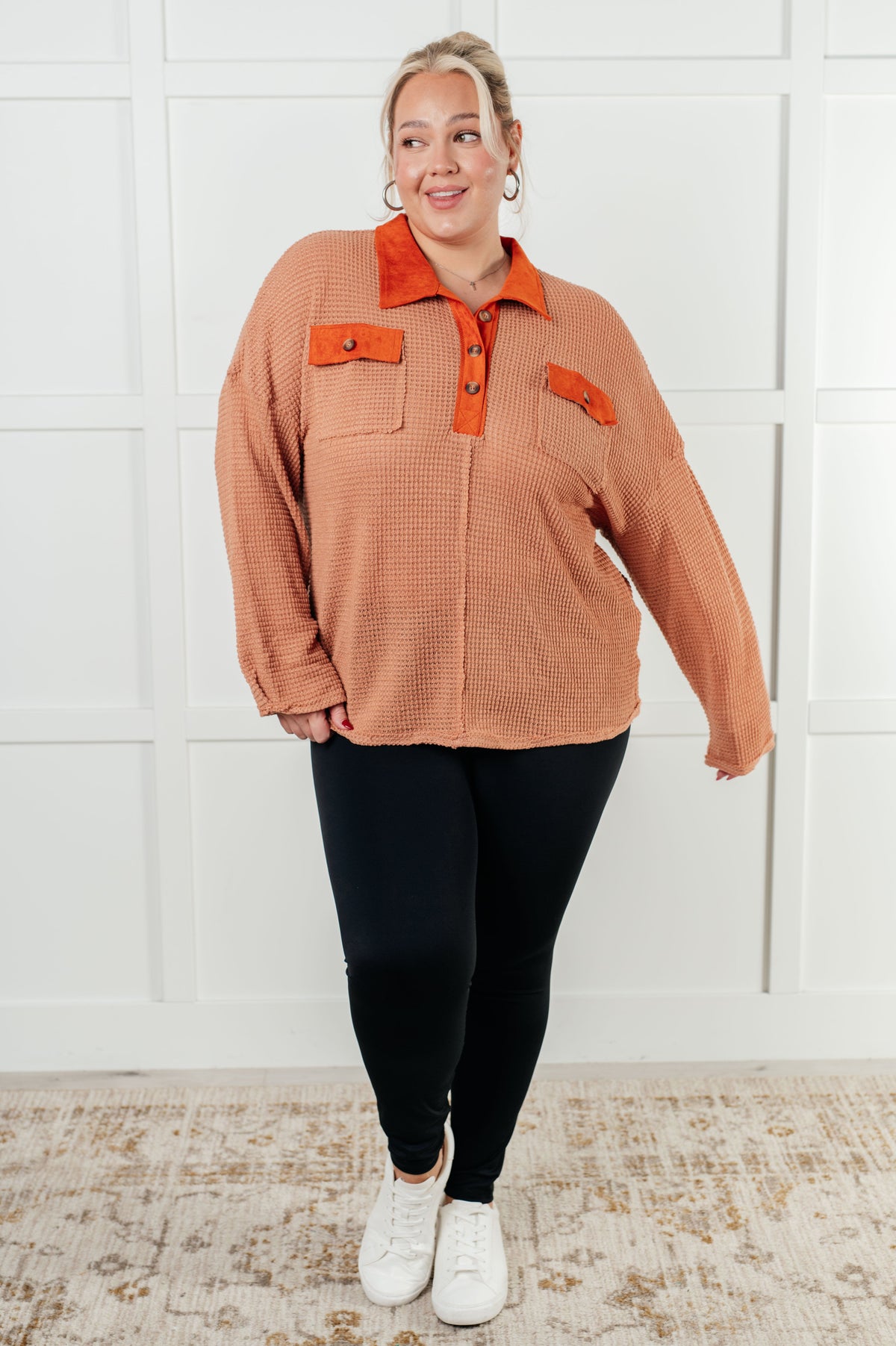 One Eleven North Can't Imagine Why Waffle Knit Contrast Trim Top Tops