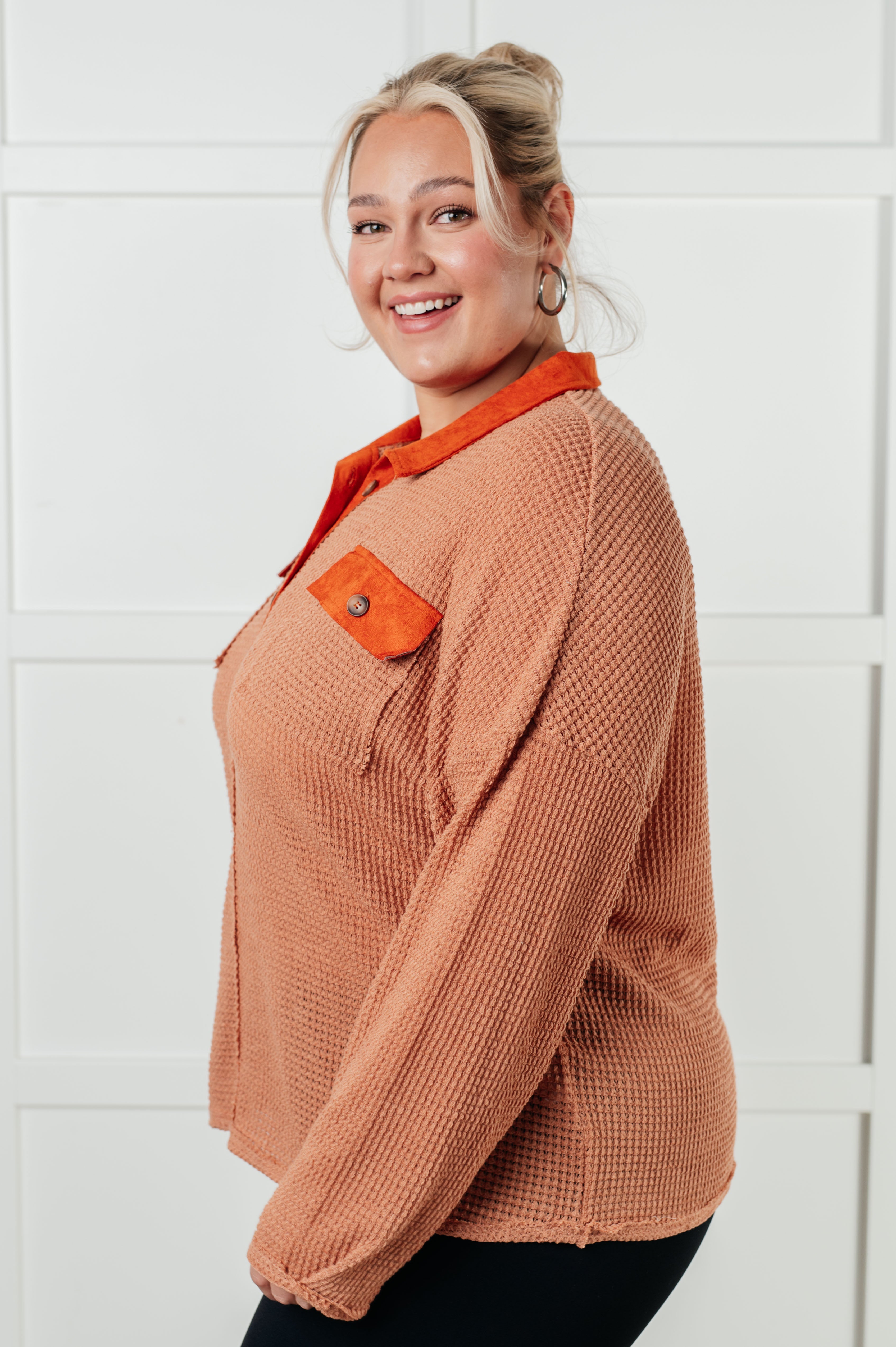 One Eleven North Can't Imagine Why Waffle Knit Contrast Trim Top Tops