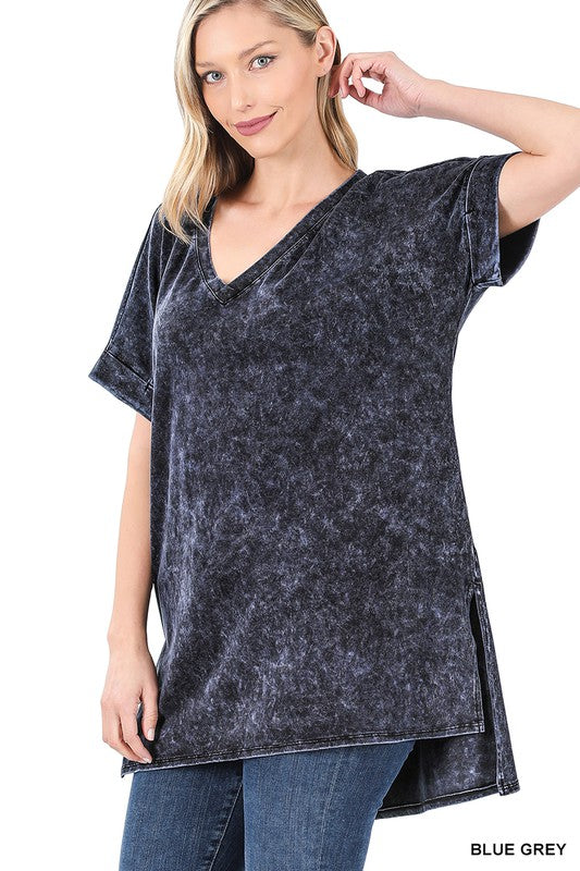 Zenana Mineral Wash Rolled Short Sleeve V-Neck Top Blue Shirts & Tops