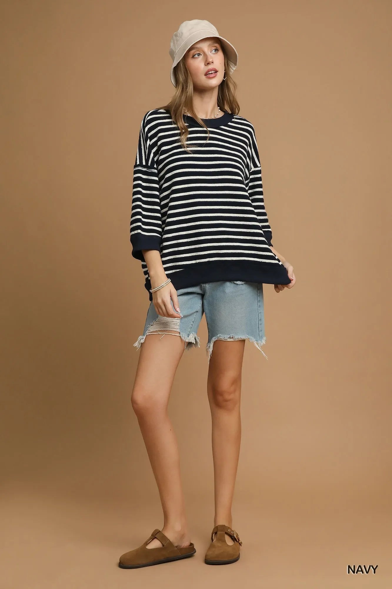 Umgee Navy Ribbed Hem Striped Oversized Knit Top