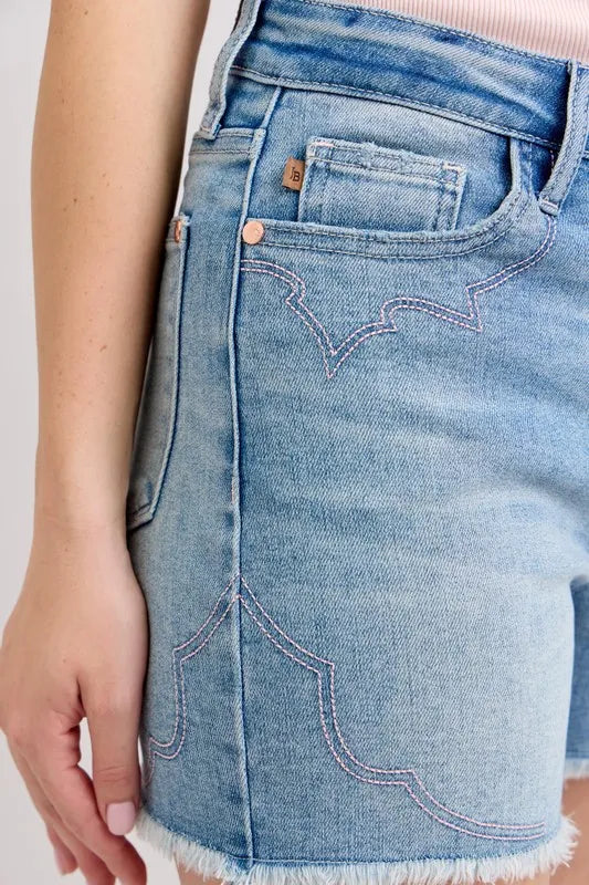 Judy Blue High Waist Western Pink Embroidery Detail Cut Off Denim Shorts