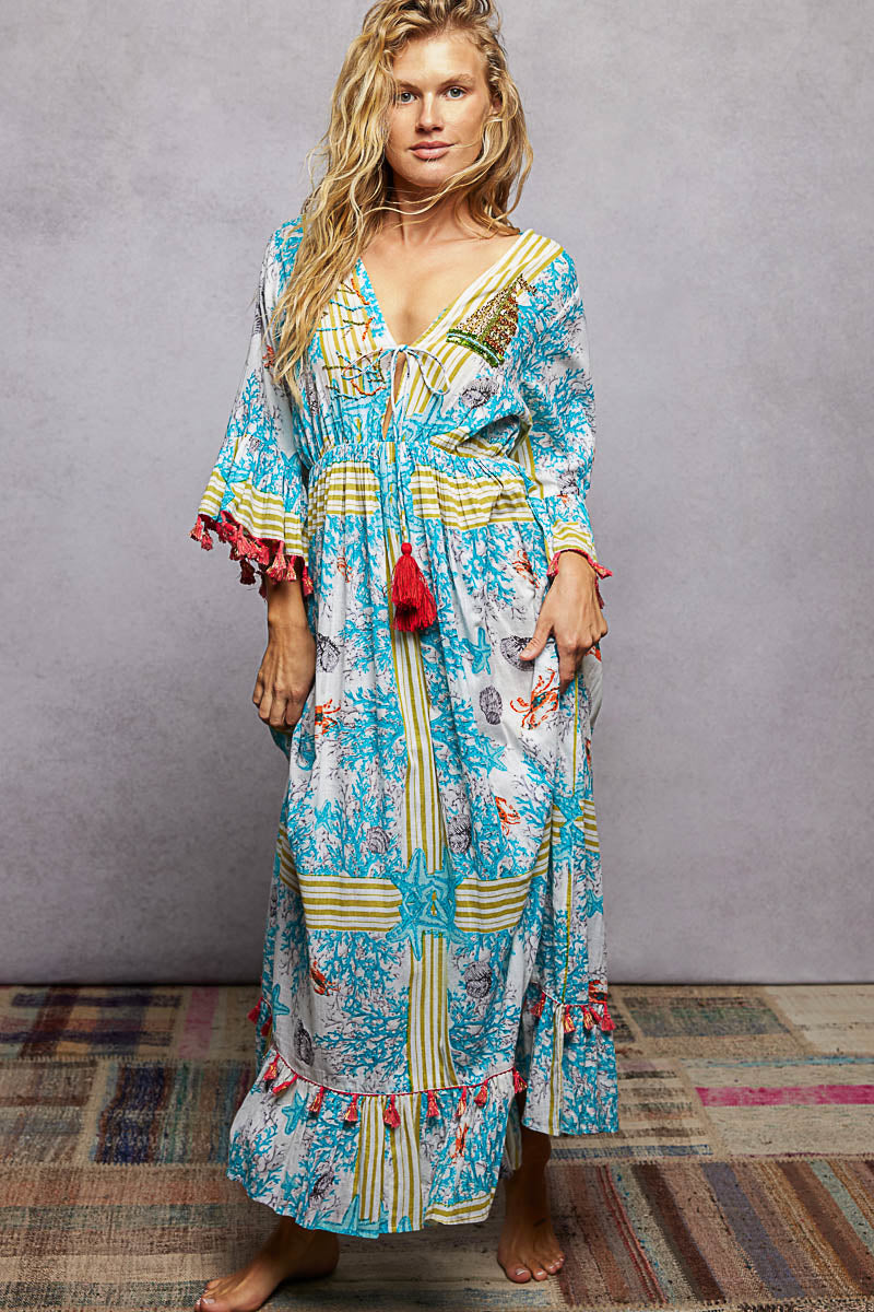 POL Blue Multi Bohemian Print Tassel Trim Maxi Dress