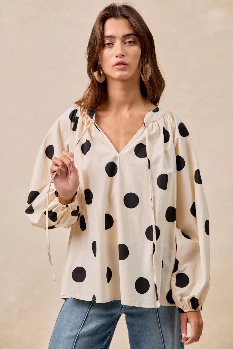 BiBi Polka Dot Exaggerated Balloon Sleeves Blouse OATMEAL BLACK