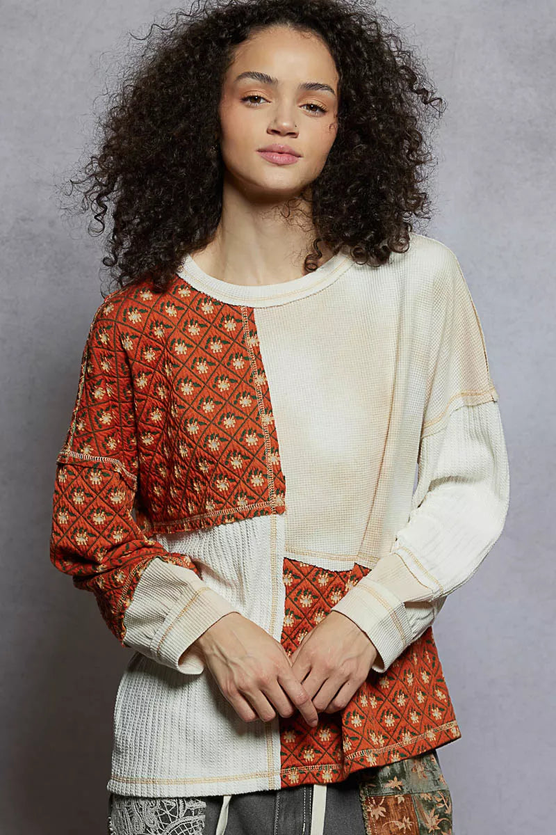 POL Cream Multi Contrast Patchwork Round Neck Long Sleeve Top CREAM MUTLI