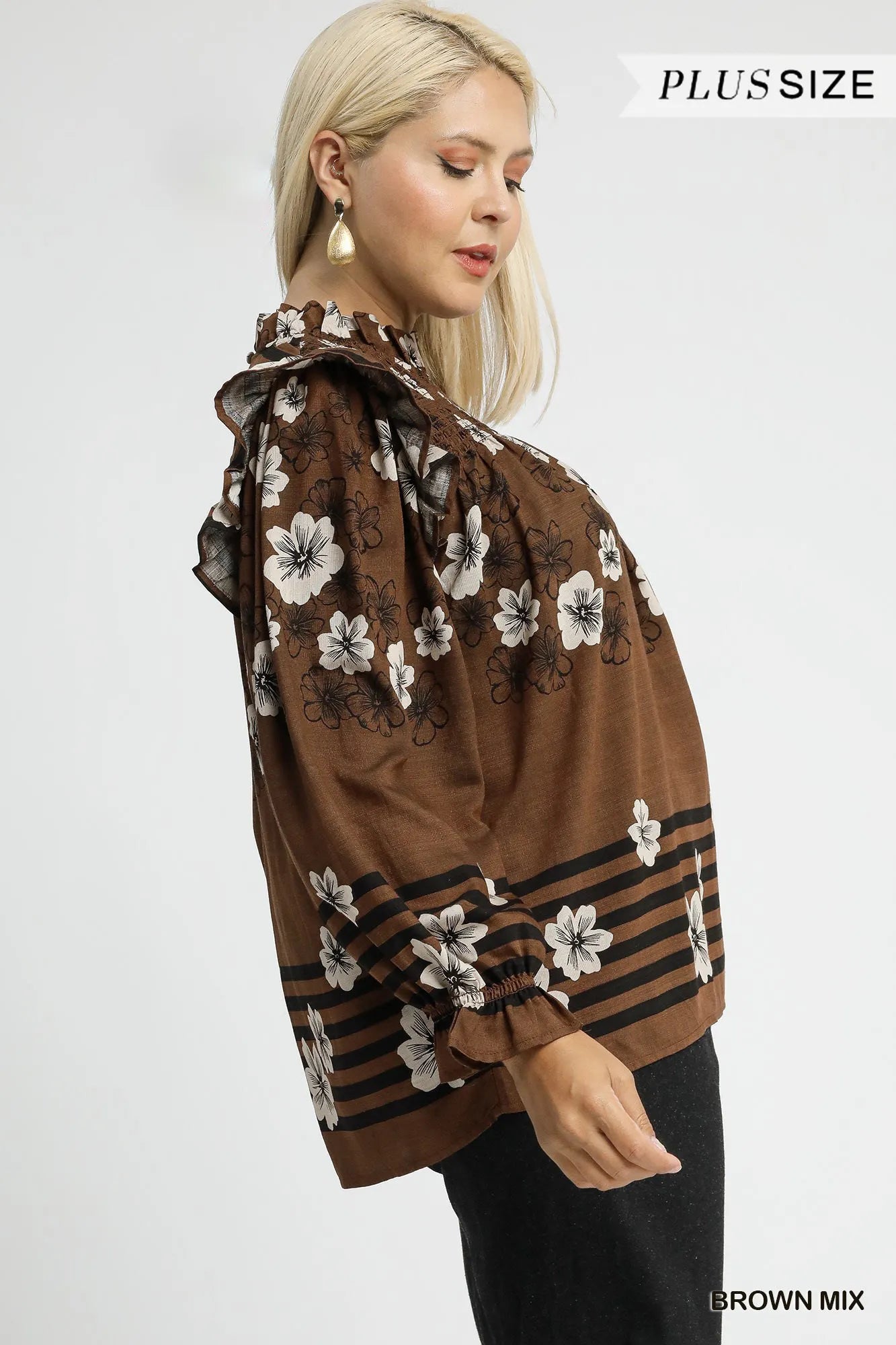 Umgee Brown Mix Floral Smocked Ruffle Blouse