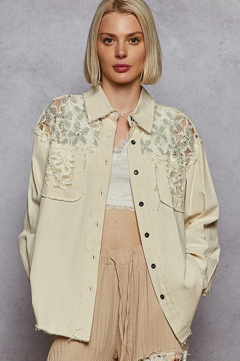 POL Oat Milk Button Down Raw Edge Shirt with Pearl Lace Patch