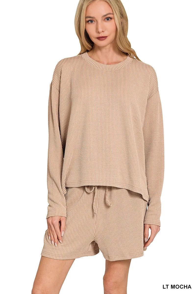 Zenana Light Mocha Corded Rib Long Sleeve Tee and Shorts Set