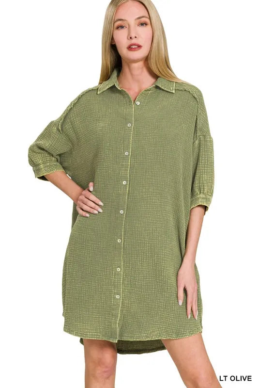 Zenana Light Olive Washed Double Gauze Button Down Shirt Dress LT OLIVE