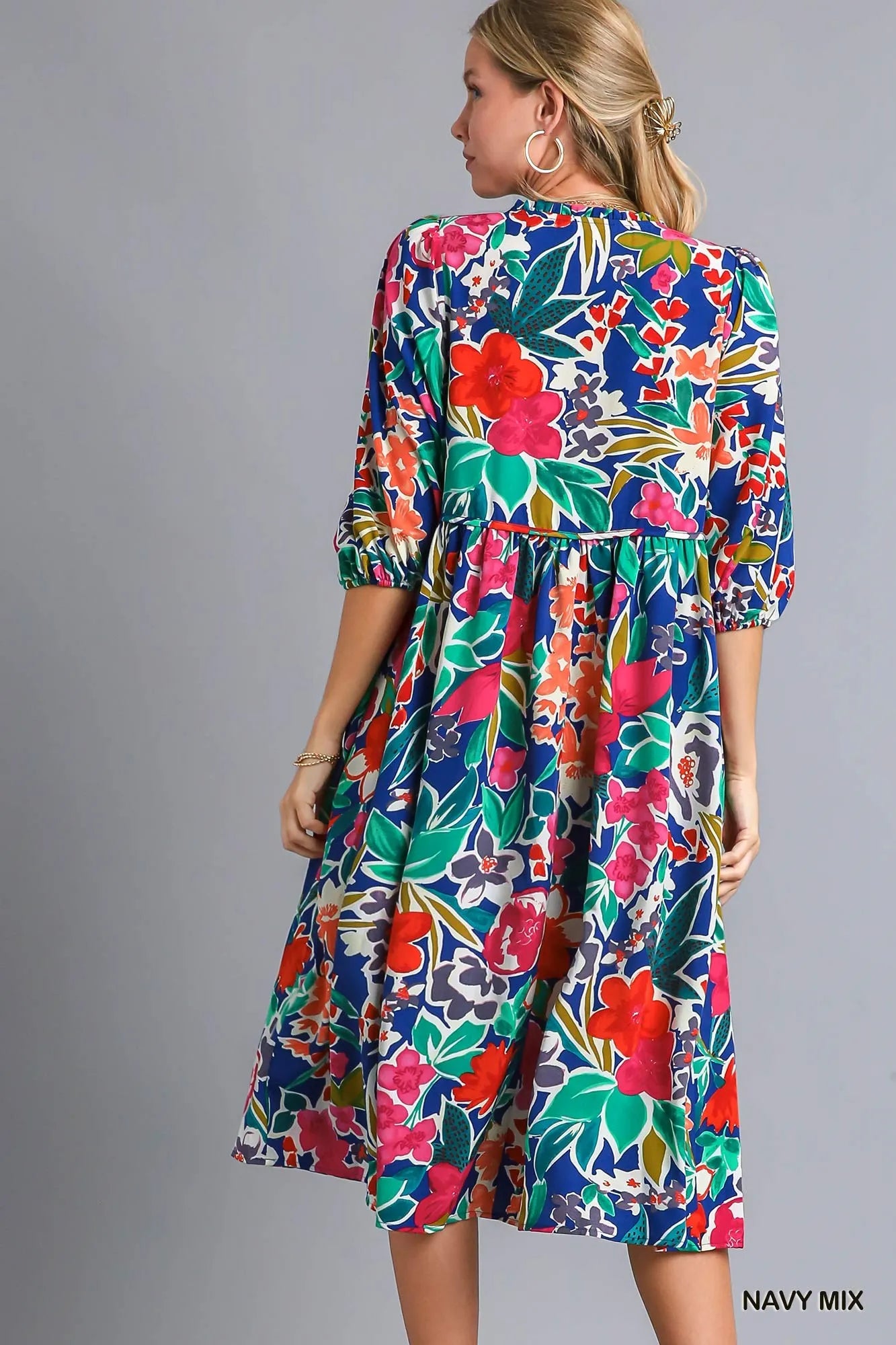 Umgee Navy Mix Floral Print Tie Neck Midi Dress with Pockets