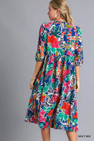 Umgee Navy Mix Floral Print Tie Neck Midi Dress with Pockets
